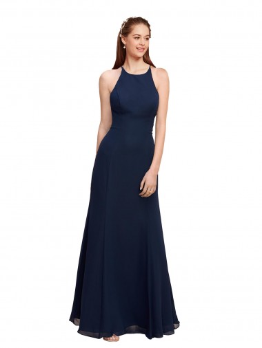 Wholesale High Halter Fit and Flare Long Chiffon Prom Dress with Criss Cross Low Back