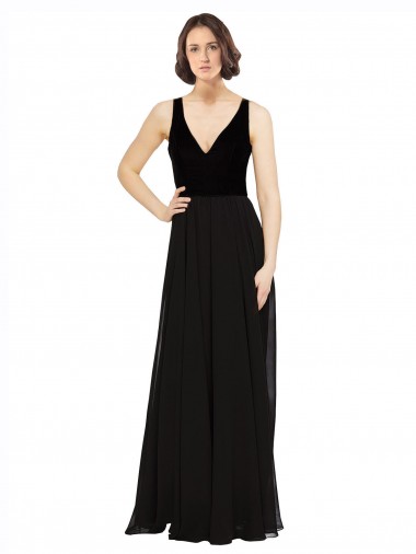 Wholesale Stretch Velvet and Chiffon Prom Dress with V-Neckline