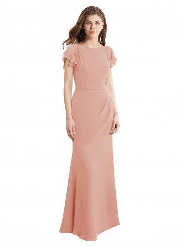 Wholesale Cap Sleeves Long Chiffon Prom Dress with Low V-Back