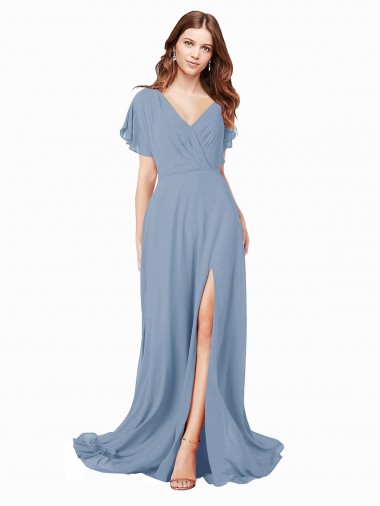 Wholesale Chiffon Prom Dress with Flutter Sleeves and Front Slit