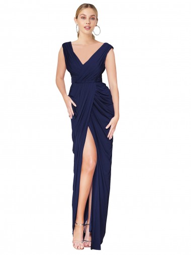 Wholesale Draped V-Neck Long Chiffon Prom Dress with Front Slit