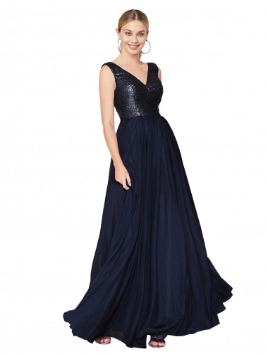 Wholesale High Neck V-Neck Long Chiffon Prom Dress with Sequin Top