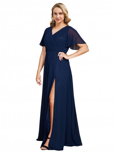 Wholesale Chiffon V-Neck Short Sleeves Long Prom Dress with High Slit