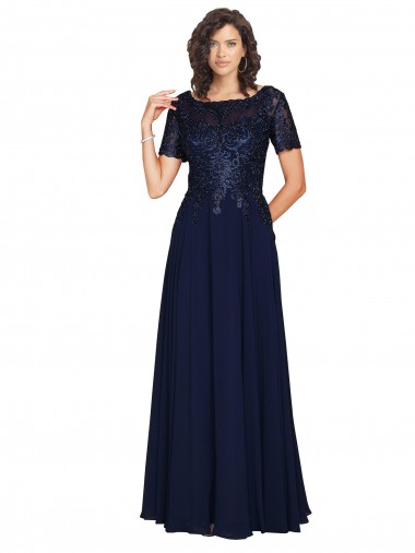 Wholesale Short Sleeves A-Line Long Chiffon Prom Dress with Beaded Bodice