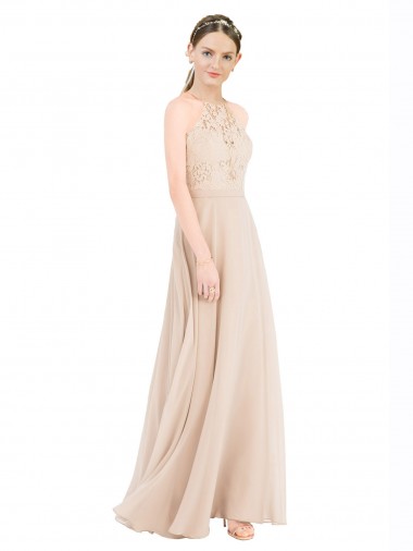 Wholesale High Halter Neck Illusion Lace Prom Dress with Chiffon Skirt and Keyhole Back