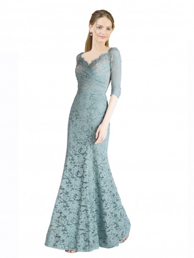 Wholesale Half Sleeves Pleated Lace Prom Dress with Wrap-Around Portrait Neckline