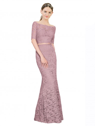 Wholesale Short Sleeves Crop Top Mermaid Lace Prom Dress