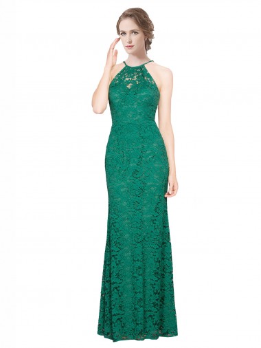 Wholesale High Illusion Halter Neck Long Lace Prom Dress
