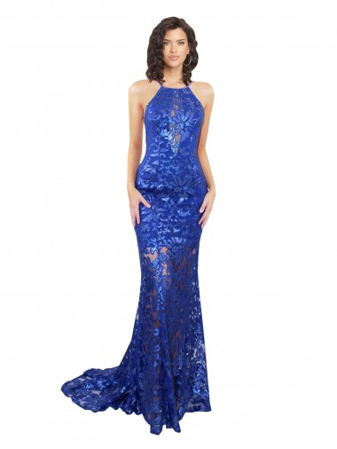 Wholesale High Neck Long Open Back Lace Prom Dress with Train