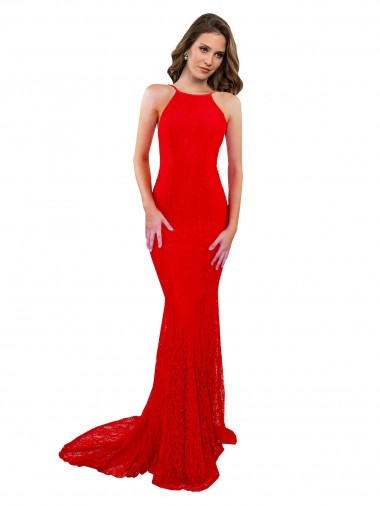 Wholesale High Neck Long Lace Prom Dress with Open Back Straps