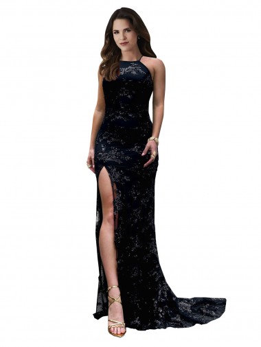 Wholesale High Neckline Lace Open Back Prom Dress with High Slit