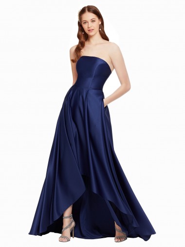 Wholesale High Low Strapless Satin Prom Dress with Pockets