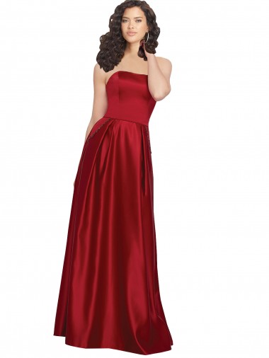 Wholesale Strapless Satin Prom Dress with Beaded Pocket and Soft Pleating