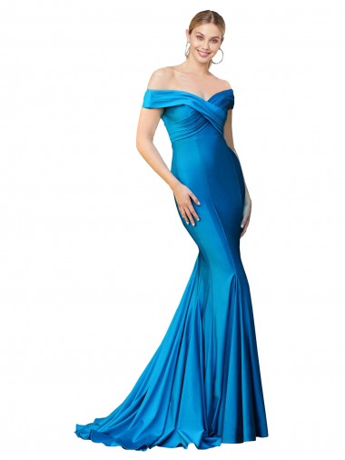 Wholesale Off the Shoulder Long Chapel Train Satin Prom Dress