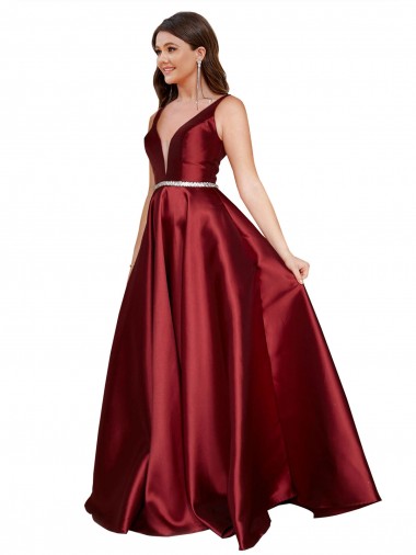 Wholesale Sleeveless Deep V-Neck A-Line Satin Prom Dress with Pockets