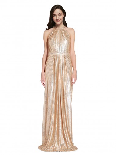 Wholesale Floor Length Halter Neck Sparkling Sequin Prom Dress with Pleats