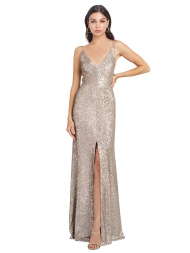 Wholesale V-Neck Fully Sequin Prom Dress with V-Back and Front Slit