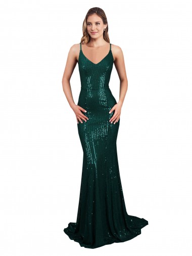 Wholesale Fishtail Shaped V-Neck Open Back Long Sequin Prom Dress