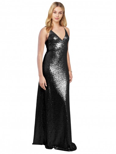 Wholesale Full Length A-Line Sequin Prom Dress with Spaghetti Straps V-Neckline