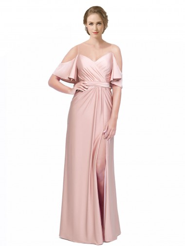 Wholesale Draped Cold Shoulder Sleeves Long Silky Satin Prom Dress with Slit and Tie Back