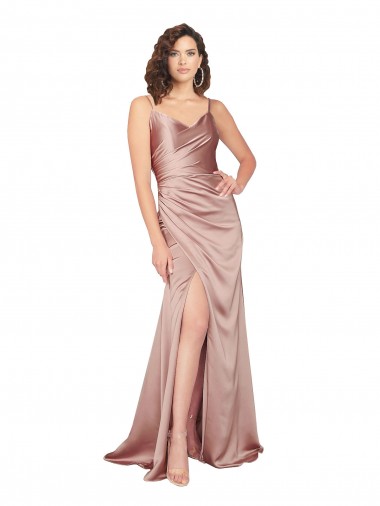 Wholesale Floor Length Silky Satin Prom Dress with Front Skirt Slit