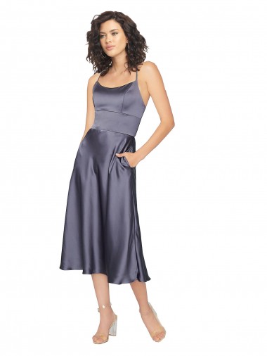 Wholesale Midi Length Silky Satin Cocktail Prom Dress / Homecoming Dress with Open Tied Back