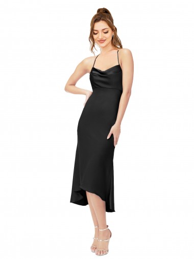 Wholesale High Low Silky Satin Cowl Neck Midi Length Cocktail Prom Dress / Homecoming Dress