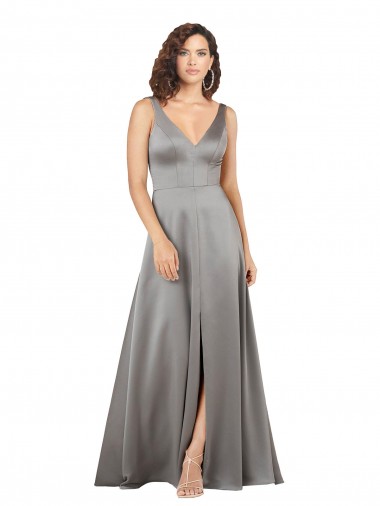 Wholesale Plunging V-Neckline Long A-Line Silky Satin Prom Dress