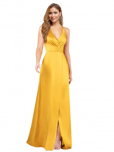 Wholesale Halter A-Line Silky Satin Prom Dress with V-Neckline and Slit
