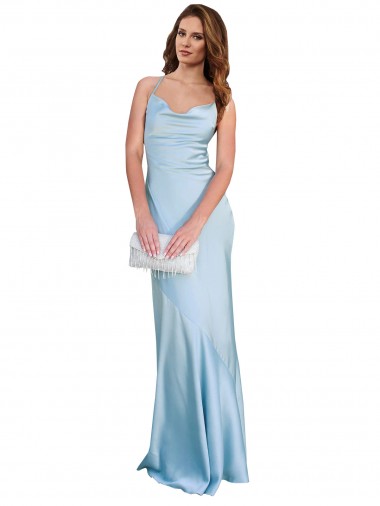 Wholesale Open Back with Ties Cowl Neck Sheath Silky Satin Long Bridessmaid Dress