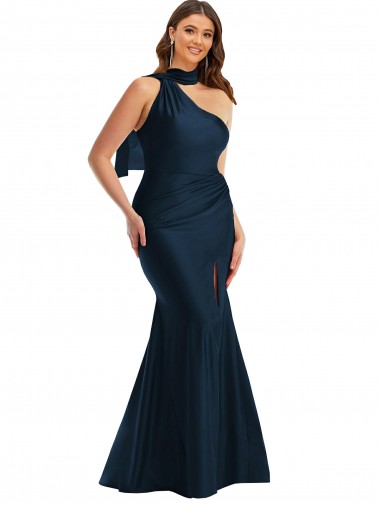 Wholesale Scarf Neck One Shoulder Silky Satin Mermaid Prom Dress with Front Slit