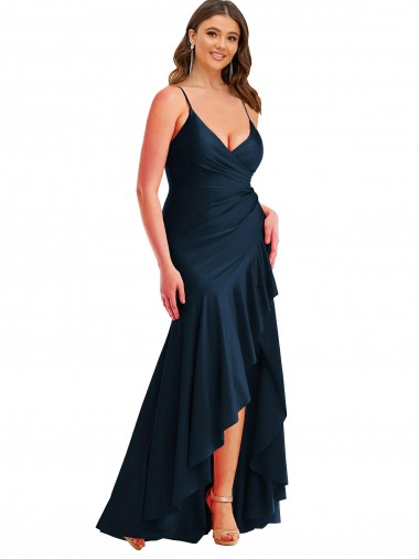Wholesale Pleated Wrap Ruffled High Low Silky Satin Prom Dress