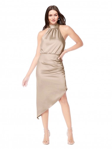Wholesale Silky Satin High Low Midi Length Cocktail Prom Dress / Homecoming Dress with Asymmetric Skirt