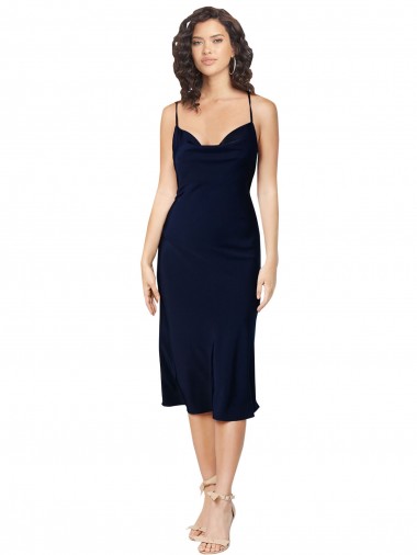 Wholesale Short Midi Length Silky Satin Cocktail Prom Dress / Homecoming Dress with Cowl Neck and Cross Back Straps