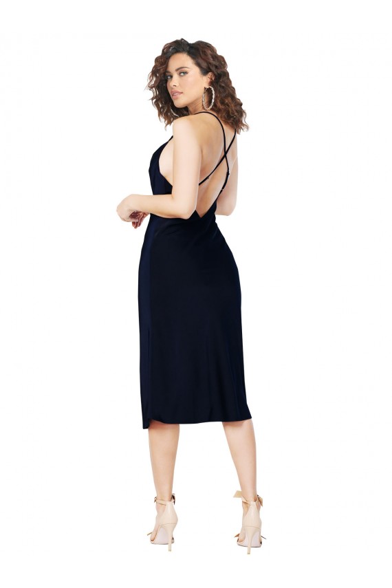 Short Midi Length Silky Satin Cocktail Prom Dress / Homecoming Dress with Cowl Neck and Cross Back Straps