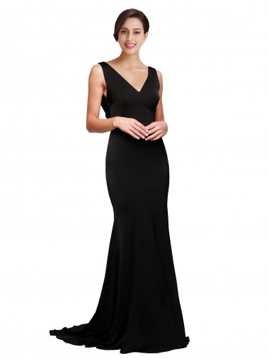 Wholesale V-Neck Full Length Silky Satin Prom Dress with Soft Cowl Neck and Sweep Train