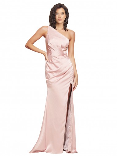Wholesale Full Length Ruched Silky Satin Prom Dress with Low Back and High Split