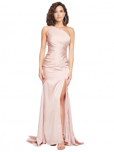 Wholesale Full Length One Shoulder Long Silky Satin Prom Dress with High Split
