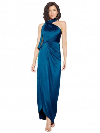 Wholesale High Halter Neck Silky Satin Prom Dress with Sash Overlay and Side Split