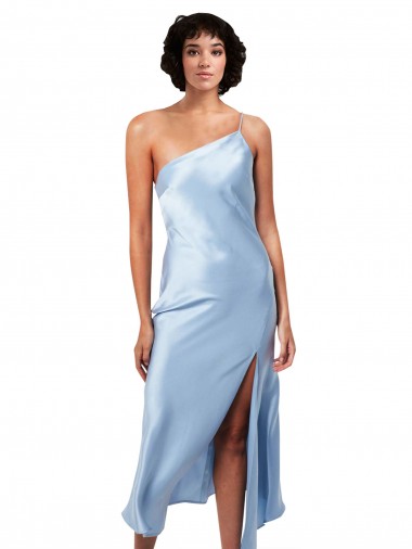Wholesale Midi Length Short Silky Satin Cocktail Prom Dress / Homecoming Dress with Asymmetric Neckline and High Side Split