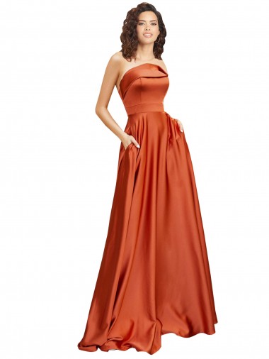 Wholesale Strapless Sweep Train Silky Satin Prom Dress with Pleats