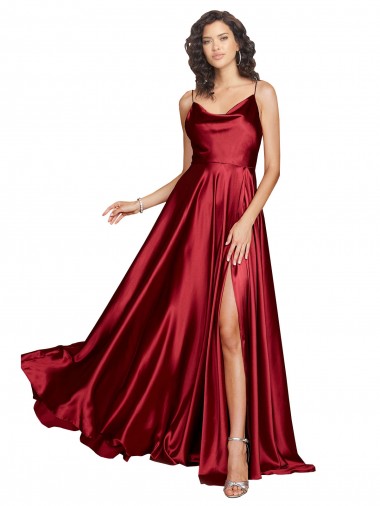 Wholesale Cowl Neckline Long Silky Satin Prom Dress with Spaghetti Straps