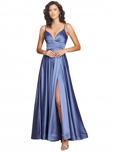 Wholesale Deep V-Neck Sweetheart Long Silky Satin Prom Dress with Thigh High Slit