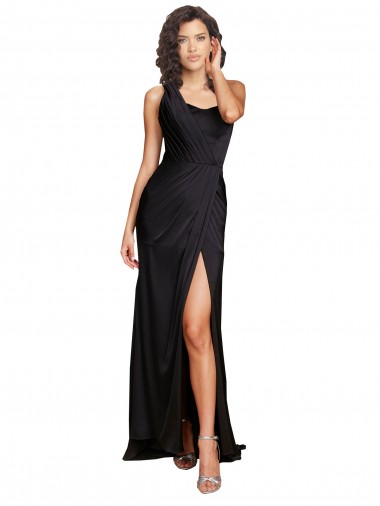 Wholesale Full Length One Shoulder Ruffled Long Silky Satin Prom Dress with High Slit