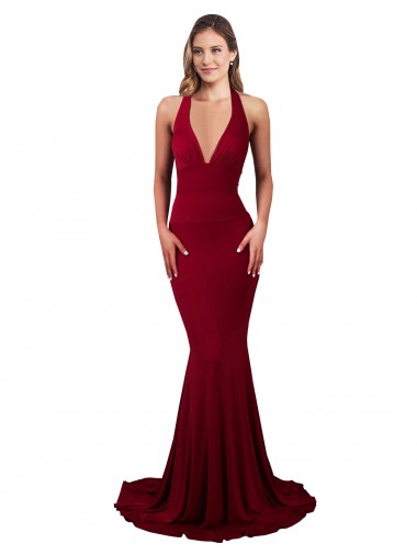 Wholesale Halter Mermaid Plunge V-Neckline Open Back Bow Tie Spandex Prom Dress