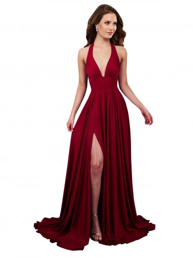Wholesale A-Line Halter Plunge V-Neckline Open Back Spandex Prom Dress with Slit