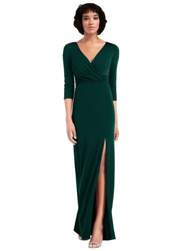 Wholesale Floor Length 3/4 Sleeves V-Back Draped Wrap Maxi Spandex Prom Dress