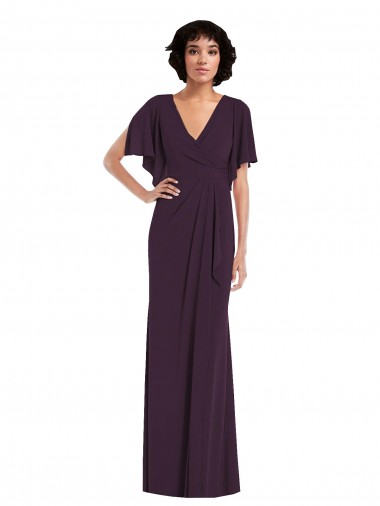Wholesale Faux Wrap Split Sleeves Maxi Spandex Prom Dress with Cascade Skirt