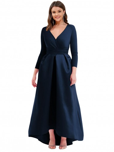 Wholesale Long Sleeves Wrapped Spandex Prom Dress with High Low Full Skirt and Pockets