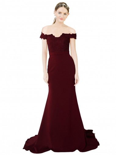 Wholesale Full Length Off the Shoulder Formal Crepe Prom Dress with Lace On Bodice and Back